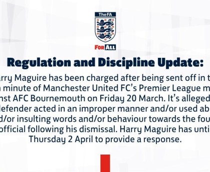 开云官网-官方：因对阵樱桃染红后对四官行为不当，马奎尔被英足总指控